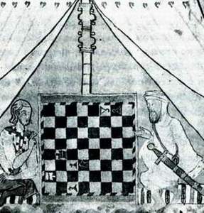 Христианин и мусульманин играют в шахматы (средневековая миниатюра)